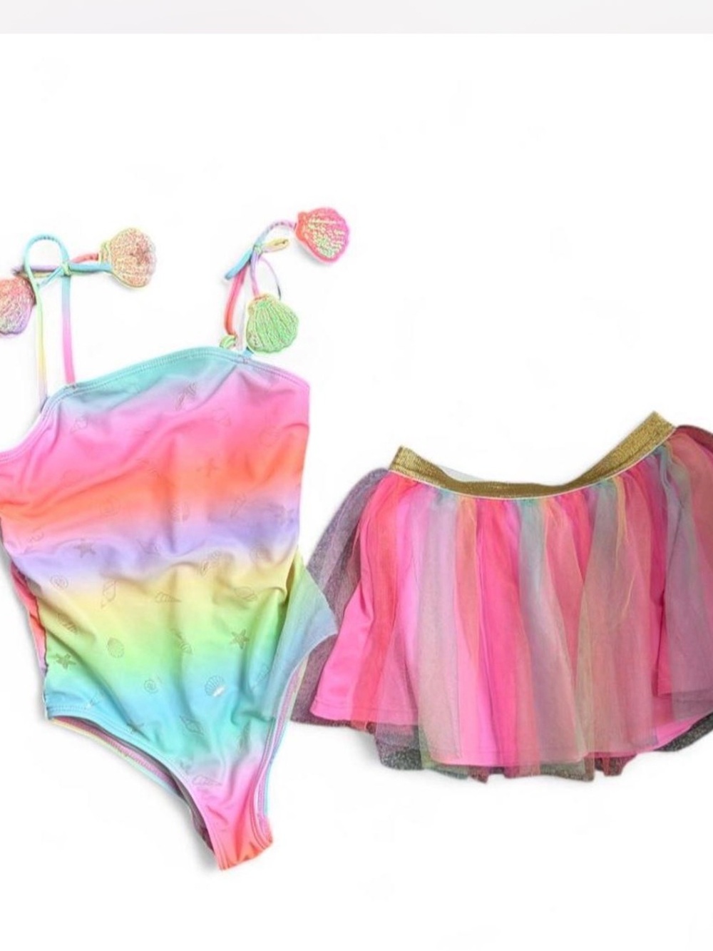 Girls Rainbow Ombre Mermaid One-Piece Swimsuit with Tulle Skirt